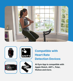 A woman engages in a fitness routine on an AI Smart Bike at home, next to a window. Below are icons showing compatibility of the AI gym app with various devices like Apple Watch and Polar.