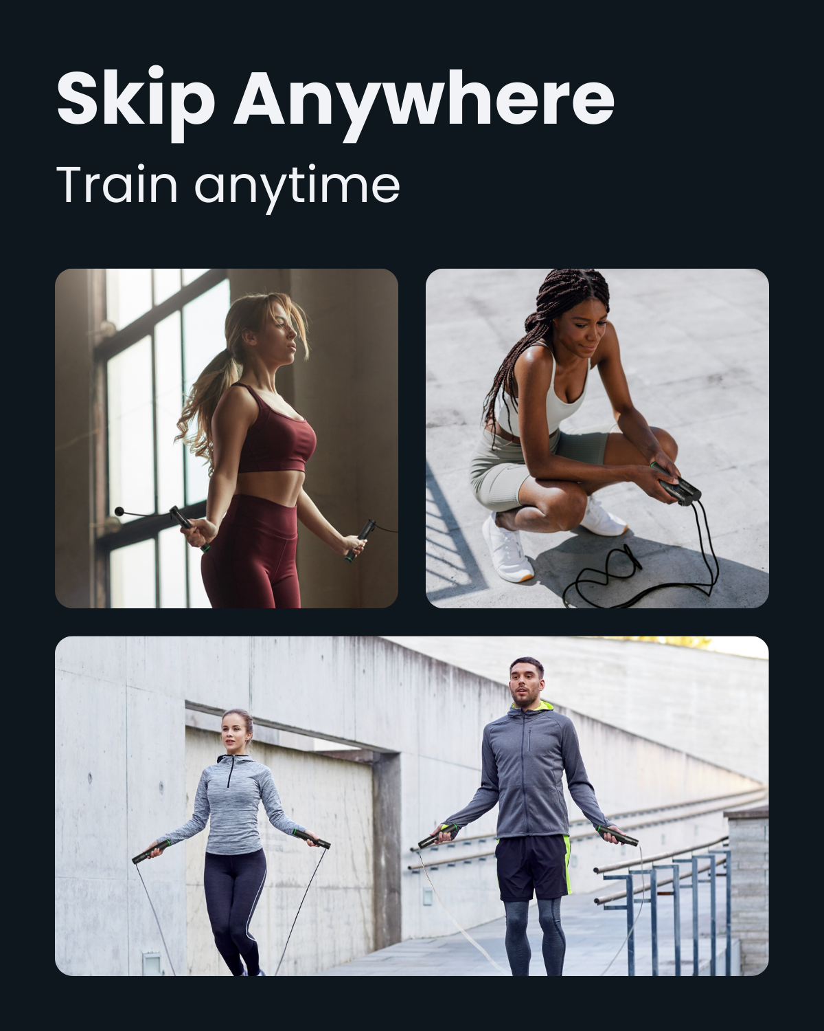 A promotional image titled "Skip Anywhere, Train Anytime" features three scenes. Top left: a woman in a burgundy workout outfit jumping rope indoors with the Renpho AU Smart Jump Rope with Cordless Ball. Top right: another woman in a gray outfit adjusts her Renpho AU Smart Jump Rope outdoors. Bottom: a man and woman exercise with adjustable weighted jump ropes on a walkway.