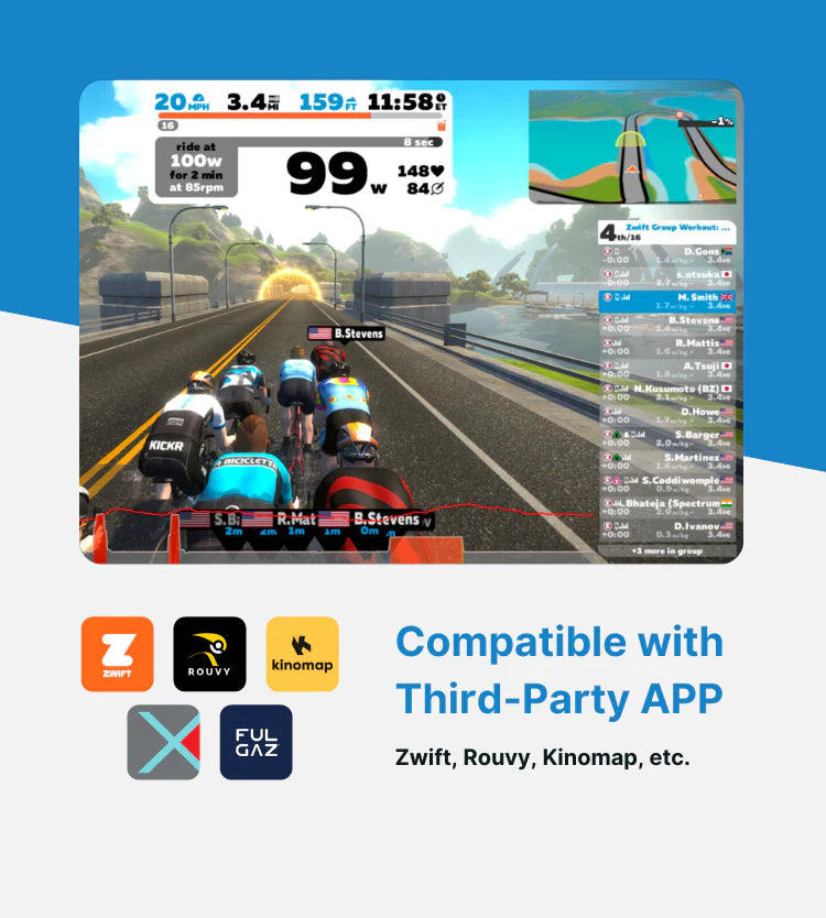 Image showing a screenshot of a virtual cycling fitness race on an AI Smart Bike, with interface elements like speed and power stats, along with logos for compatible apps such as Zwift, Rouvy.