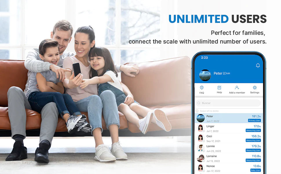 A family of four smiling and looking at a smartphone together on a sofa, with an overlay of a user interface for the Elis 1 Smart Body Scale app showing multiple health profiles.