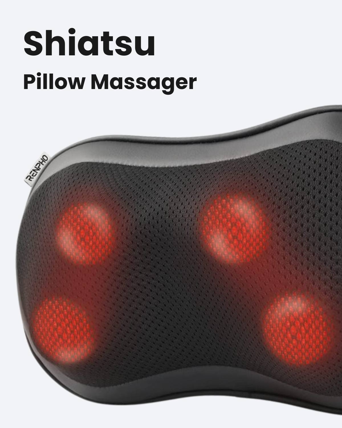A collection of items, including a black cloth cover, a power adapter, a RENPHO AU user manual, a car charger, and the Renpho AU Massage Pillow with four red Shiatsu nodes and a soothing heat function is displayed. The products are arranged in a 3x2 grid with the massage pillow positioned at the bottom right.