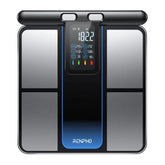 A digital MorphoScan Smart Body Scale by Renpho AU shown from above. The scale features a black and silver design with a rectangular LED display in the center. The display shows a weight of 182.2 pounds along with various health metrics symbols, offering comprehensive body composition analysis to aid in your health and fitness journey.