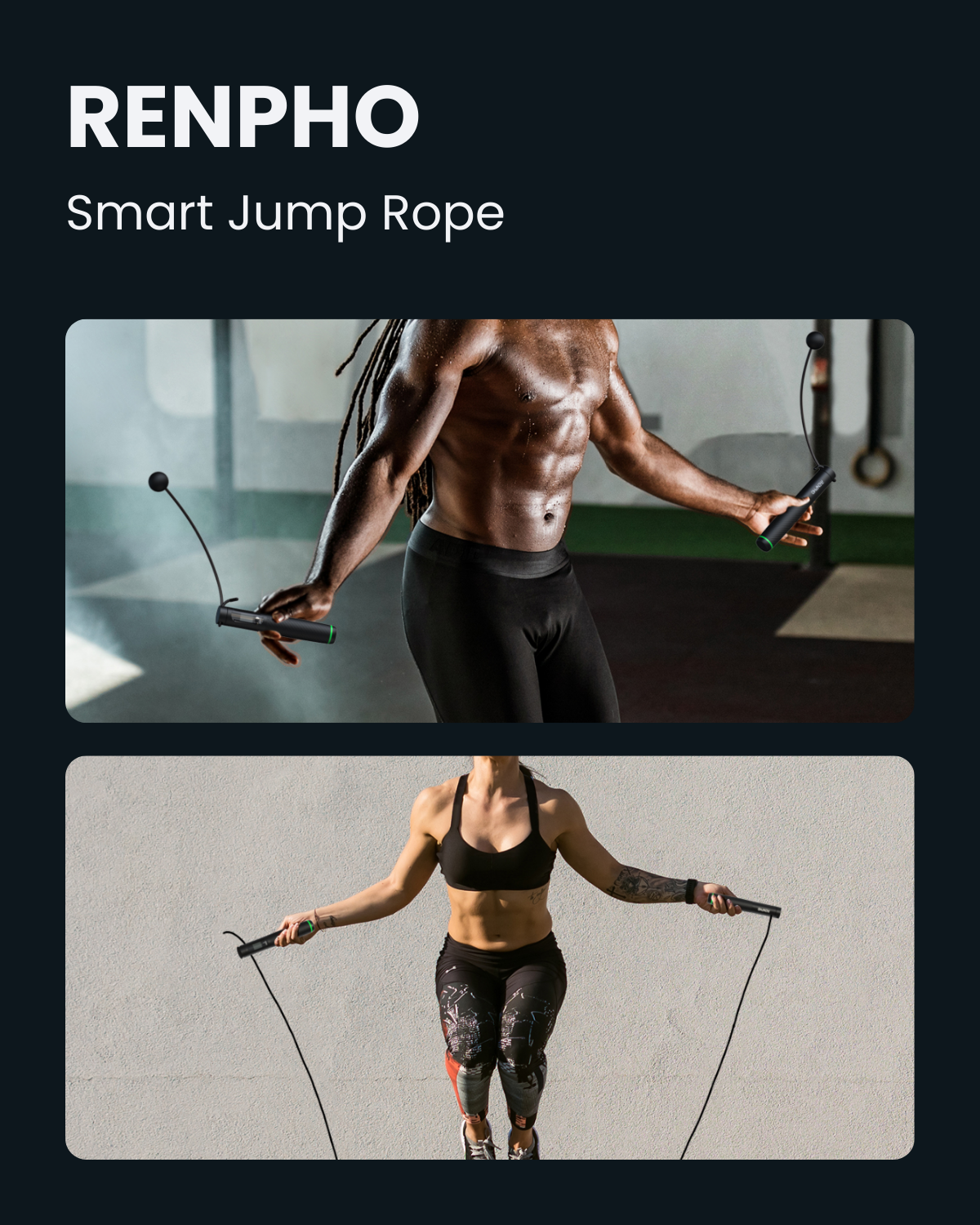 Introducing the black Smart Jump Rope with Cordless Ball from Renpho AU. One handle has a digital display, and the 3-meter rope is crafted from PVC-sheathed steel wire. The texture of the steel wire rope is highlighted in a zoom-in inset with text stating: "3 Meters Length PVC sheathed steel wire rope".