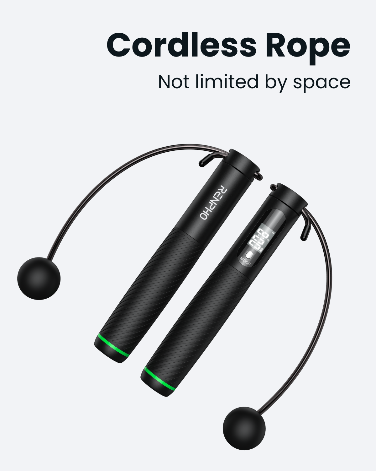 A black Renpho AU Smart Jump Rope with Cordless Ball features an adjustable length mechanism. The image showcases the locking feature for length adjustment and illustrates a digital screen on one of the handles, displaying "8:20" labeled as "Mode." The headline reads, "Adjustable Length, Fit for all heights.