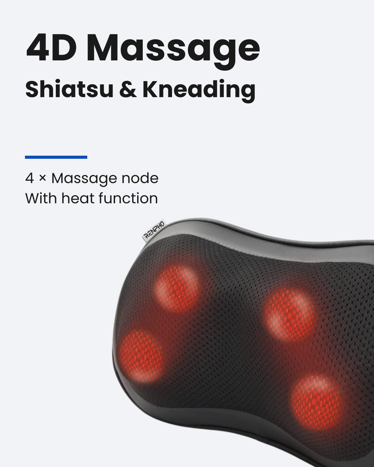 A collection of items, including a black cloth cover, a power adapter, a RENPHO AU user manual, a car charger, and the Renpho AU Massage Pillow with four red Shiatsu nodes and a soothing heat function is displayed. The products are arranged in a 3x2 grid with the massage pillow positioned at the bottom right.