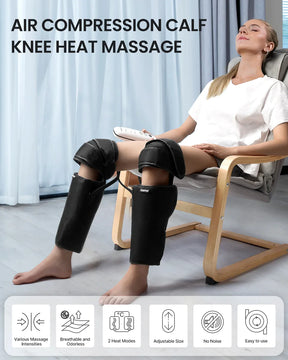 A woman relaxing in a chair using Air Compression Knee Calf Massager with Heat for wellness, with a remote control in hand; icons highlight product features.