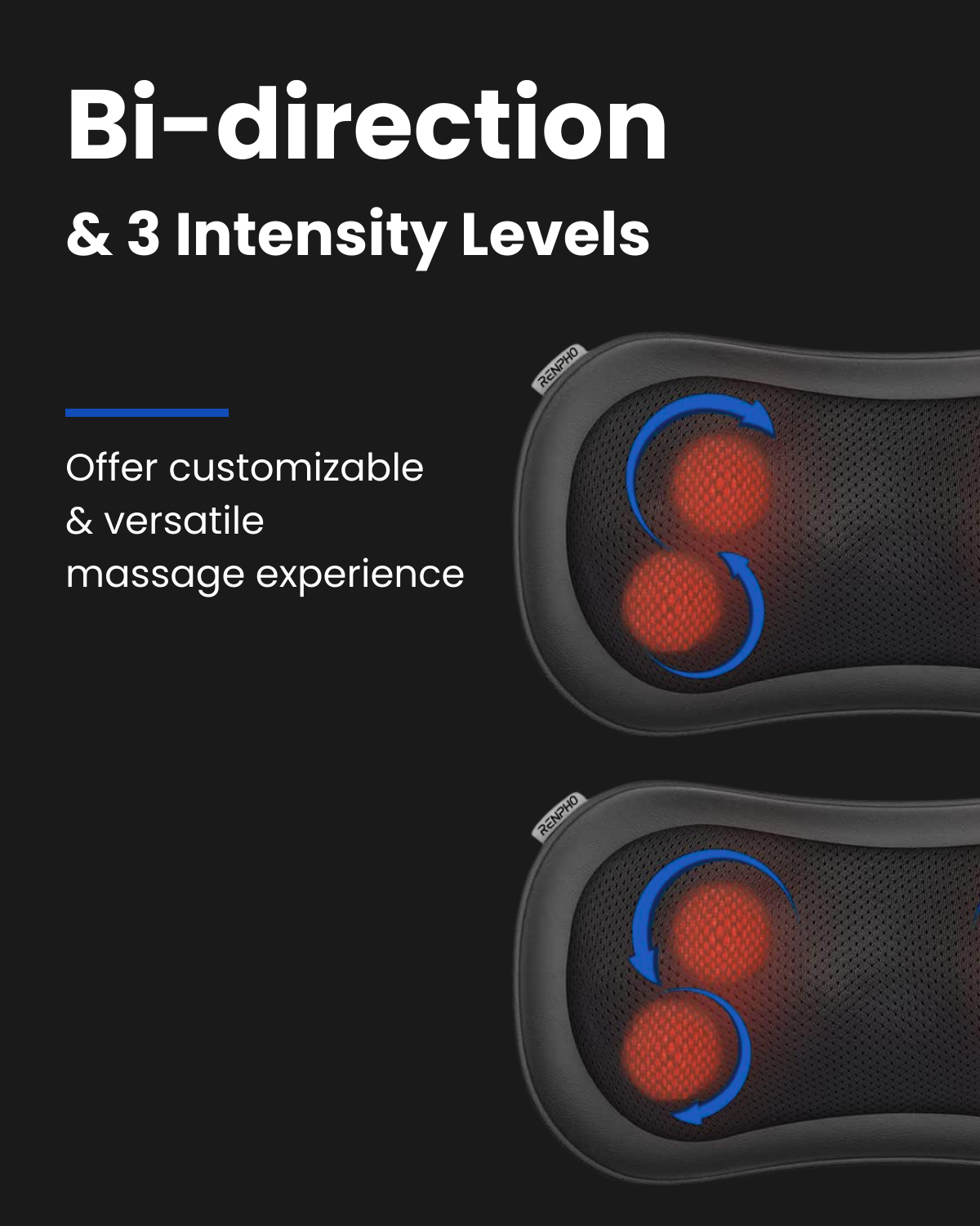 A collection of items, including a black cloth cover, a power adapter, a RENPHO AU user manual, a car charger, and the Renpho AU Massage Pillow with four red Shiatsu nodes and a soothing heat function is displayed. The products are arranged in a 3x2 grid with the massage pillow positioned at the bottom right.