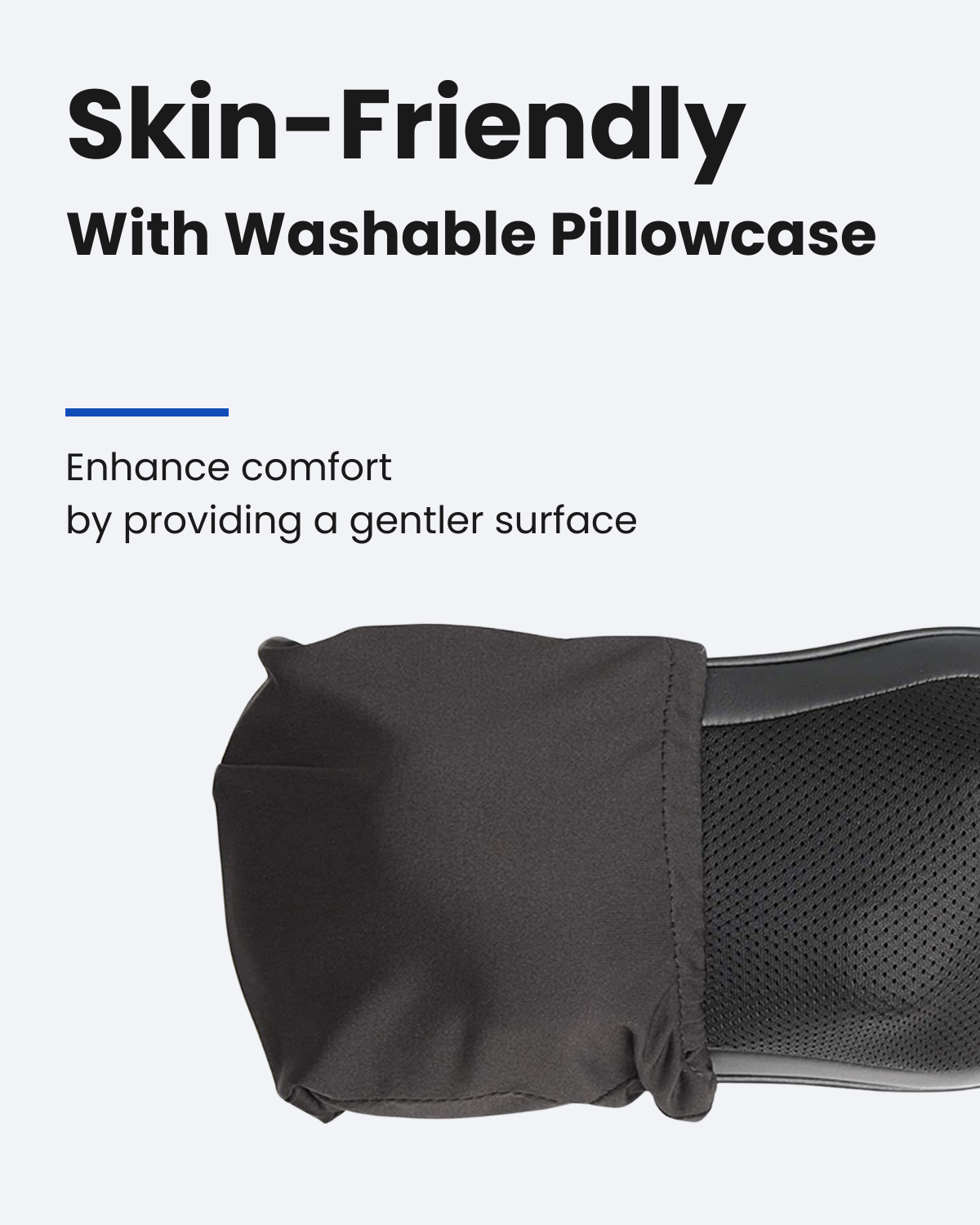 A collection of items, including a black cloth cover, a power adapter, a RENPHO AU user manual, a car charger, and the Renpho AU Massage Pillow with four red Shiatsu nodes and a soothing heat function is displayed. The products are arranged in a 3x2 grid with the massage pillow positioned at the bottom right.
