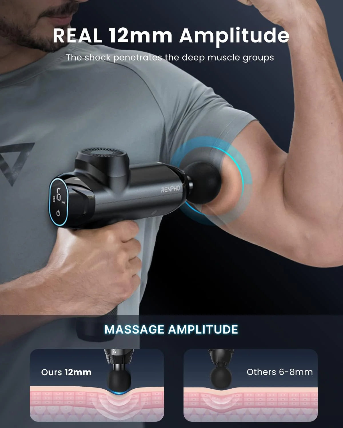 A man using a Power Massage Gun on his bicep to enhance his fitness regimen, highlighting the device’s 12mm amplitude feature compared to others with 6-8mm.