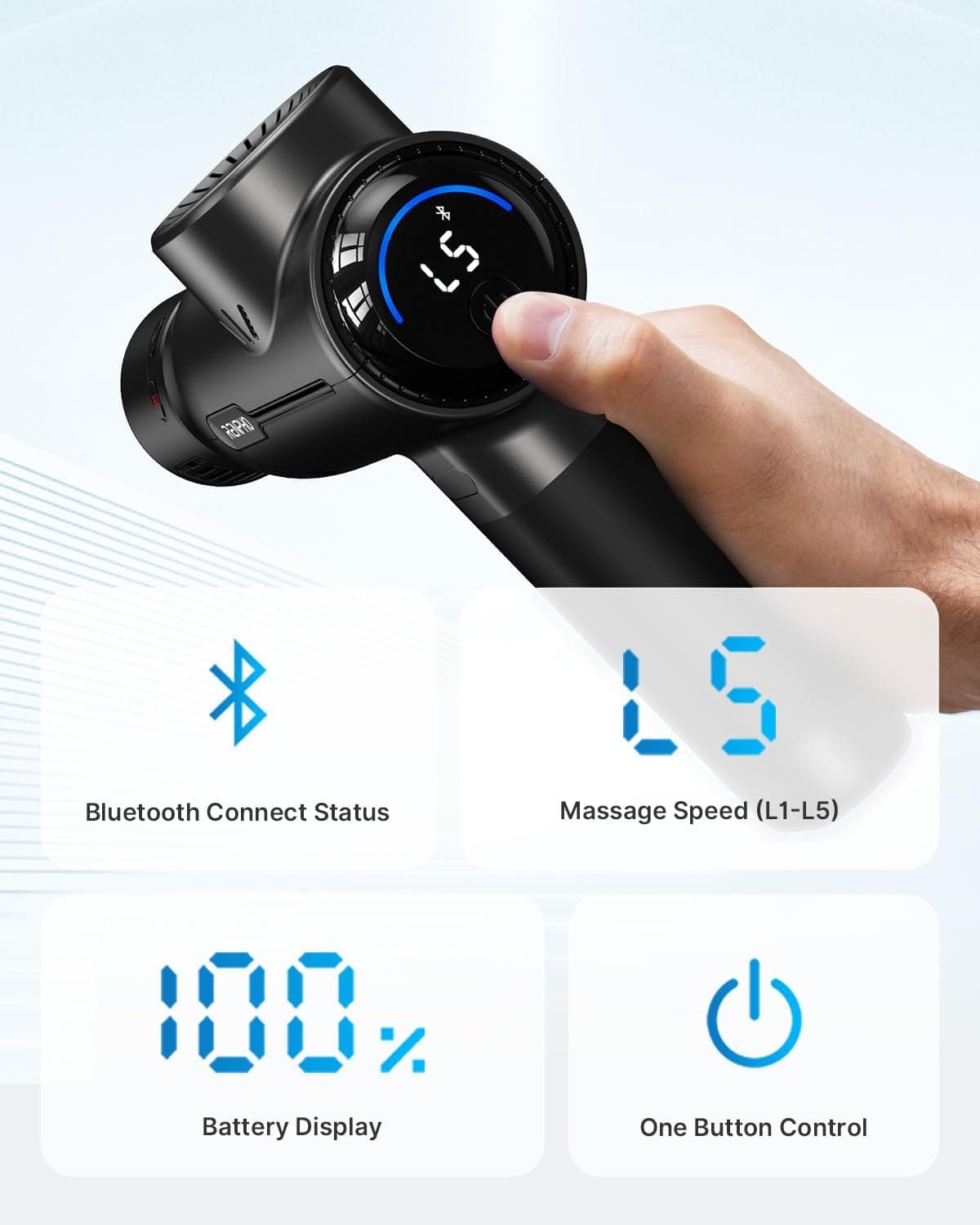 Close-up of a hand holding the RENPHO Active Massage Gun Thermacool by Renpho AU, featuring an LED screen displaying "L5." Surrounding icons indicate "Bluetooth Connect Status," "Massage Speed (L1-L5)," "Battery Display" at 100%, and "One Button Control." This powerful percussion massage gun boasts a modern design set against a white and blue background.