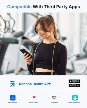 Woman in gym attire using smartphone in a gym, with icons of Elis Aspire Smart Body Scale compatible fitness apps displayed below her.