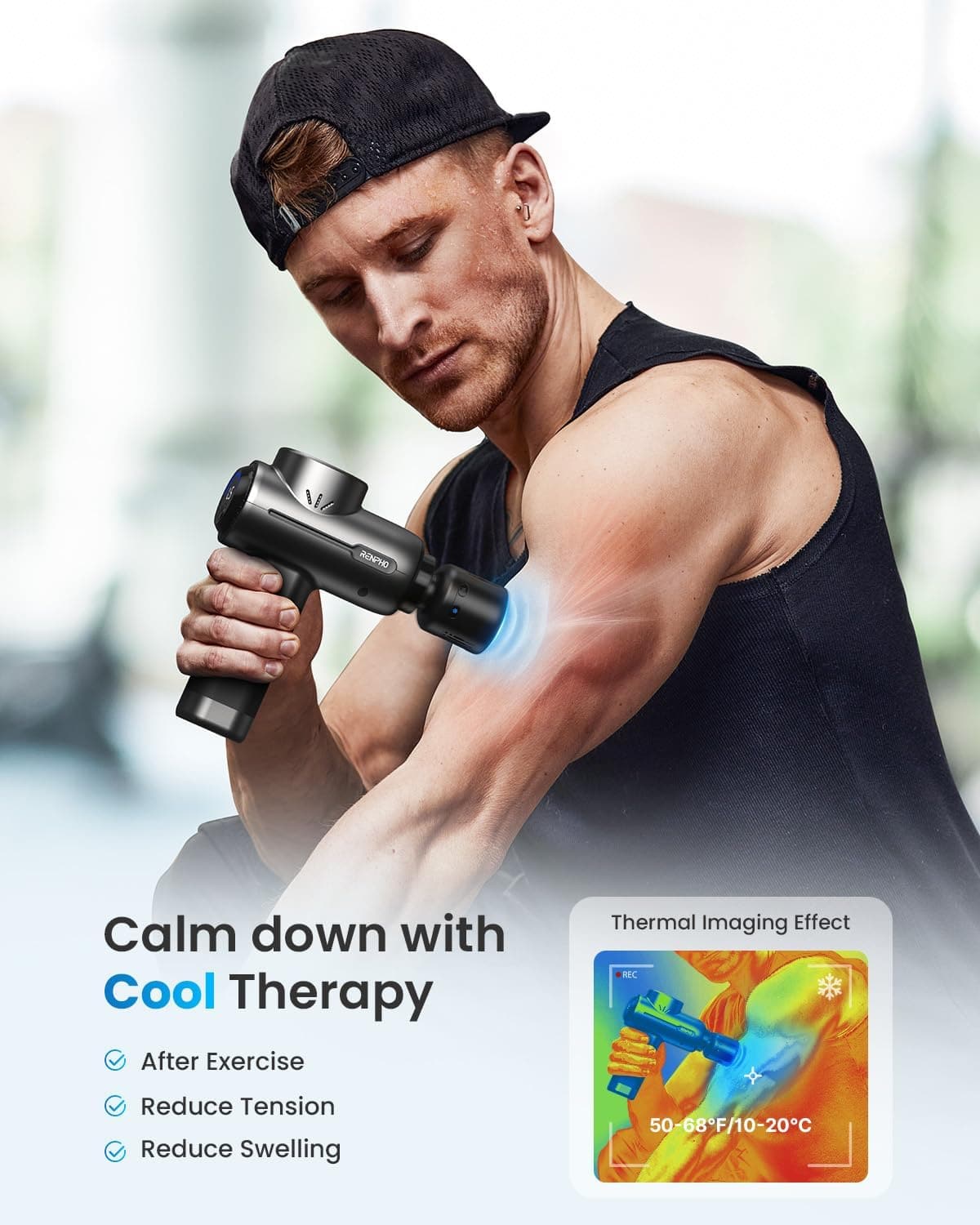 A man in a black tank top and backward cap uses the RENPHO Active Massage Gun Thermacool on his arm. Blue light indicates cool therapy from the device. Text reads, "Calm down with Cool Therapy - After Exercise, Reduce Tension, Reduce Swelling." An inset shows thermal imaging with a color range from 50-68°F (10-20°C). Track progress via Renpho AU's RENPHO Health App.