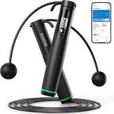 Image of the Renpho AU Smart Jump Rope with Cordless Ball featuring a 360-degree rotatable design for tangle-free workouts. The rope is black with a digital screen displaying "MODE" on the handle and app-connective capabilities for fitness tracking. Text at the top reads "360° Rotatable" and "No knots for smooth training." Disassembled components are shown in detail.