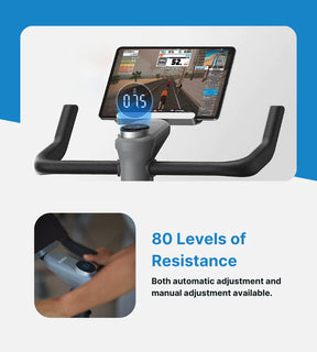 AI Smart Bike with digital display showing a virtual cycling route and details on resistance levels with both automatic and manual adjustments available, perfect for fitness enthusiasts.