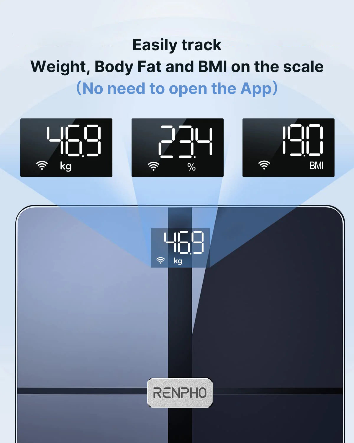 Elis Aspire Smart Body Scale displaying weight, body fat percentage, and BMI to enhance health and fitness without requiring app connectivity.