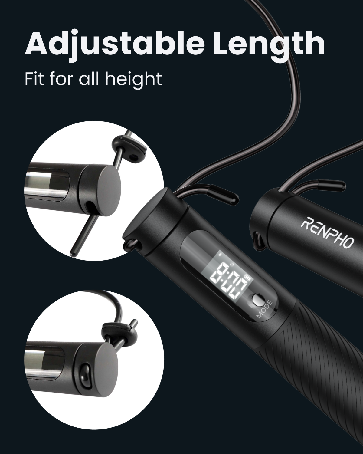 A black Renpho AU Smart Jump Rope with Cordless Ball features an adjustable length mechanism. The image showcases the locking feature for length adjustment and illustrates a digital screen on one of the handles, displaying "8:20" labeled as "Mode." The headline reads, "Adjustable Length, Fit for all heights.