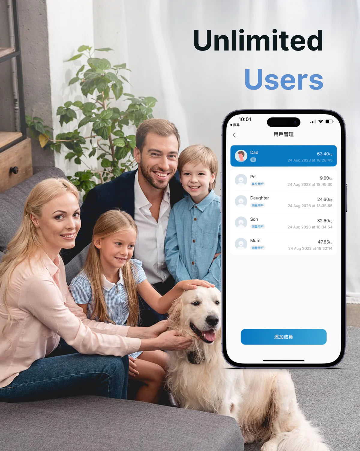 A happy family of four with their dog sitting on a couch, looking at a smartphone displaying an app screen titled "Elis Aspire Smart Body Scale.