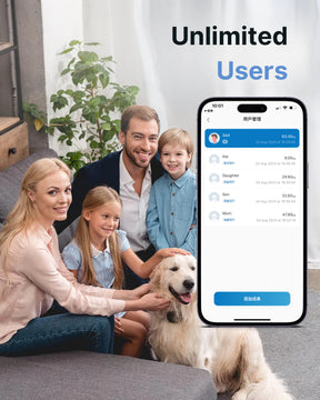 A happy family of four with their dog sitting on a couch, looking at a smartphone displaying an app screen titled "Elis Aspire Smart Body Scale.