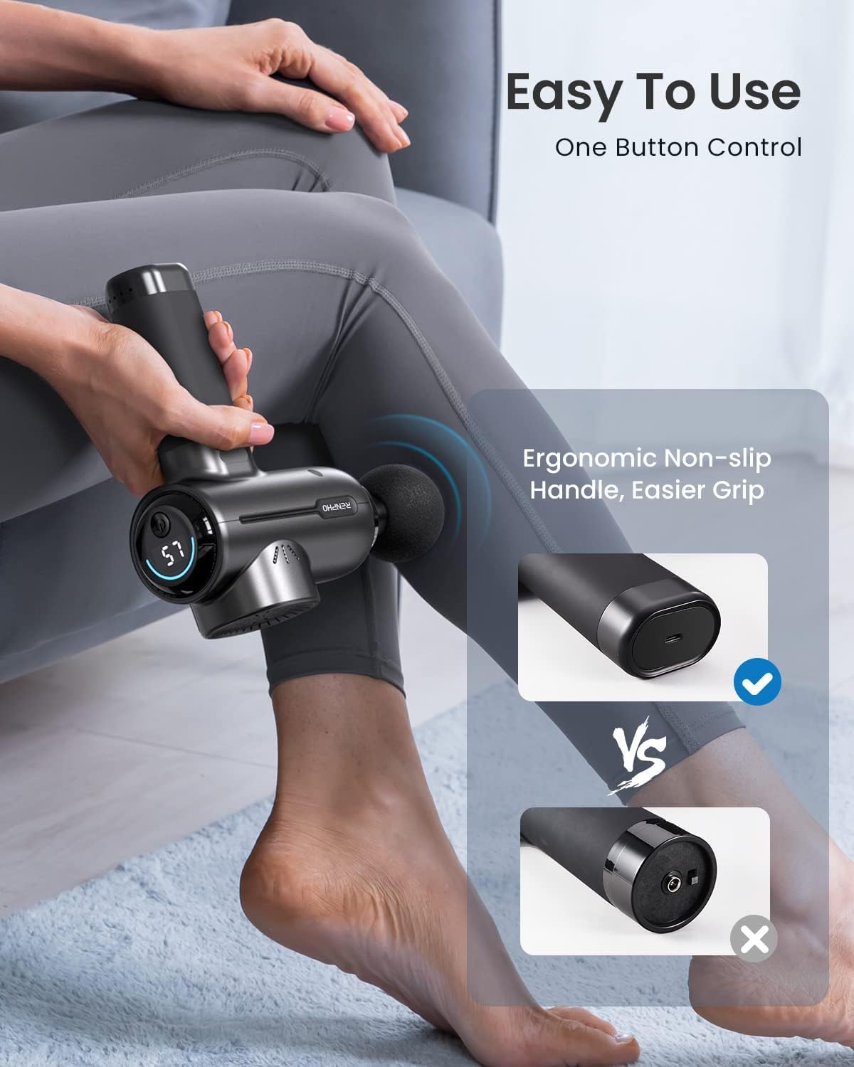 A person sits on the floor using a Renpho AU RENPHO Active Massage Gun on their leg for a deep tissue massage. The device displays "57" on its digital screen. Text reads, "Easy To Use" and "Ergonomic Non-slip Handle, Easier Grip." Insets show the non-slip handle versus a smooth one, with the non-slip handle preferred.