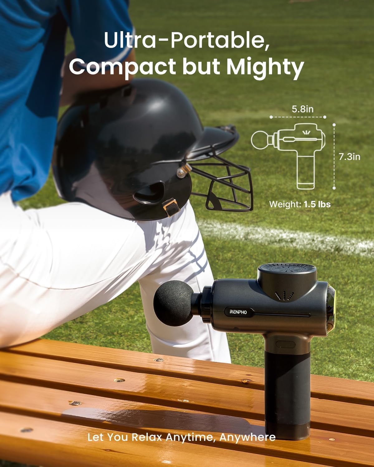 The Renpho AU RENPHO Active Massage Gun is displayed on a wooden bench in an outdoor sports field. A person in white pants holding a black sports helmet is partially visible in the background. Text overlay describes it as "Ultra-Portable, Compact but Mighty," with adjustable settings for a deep tissue massage. Dimensions: 5.8 x 7.3 inches, weight: 1.5 lbs.