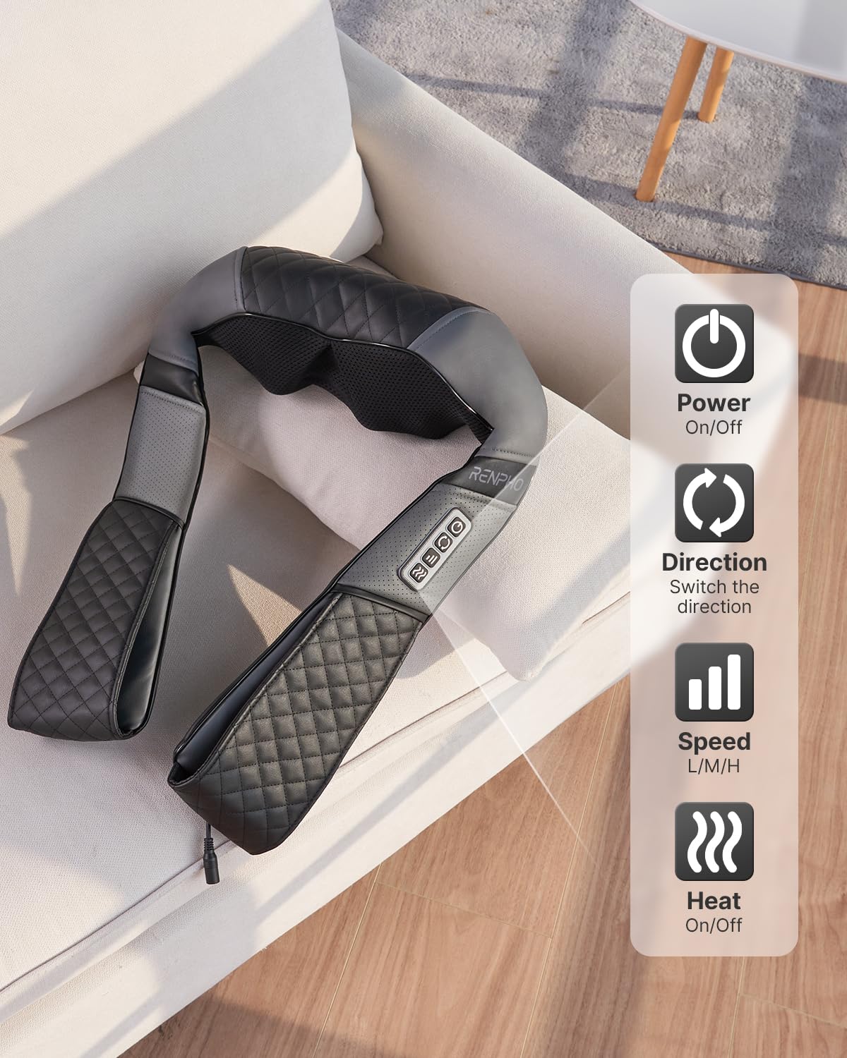 A U-Neck 2 Neck & Shoulders Massager with wellness control buttons laid over a beige sofa in a well-lit room, with instructional icons on the left side.