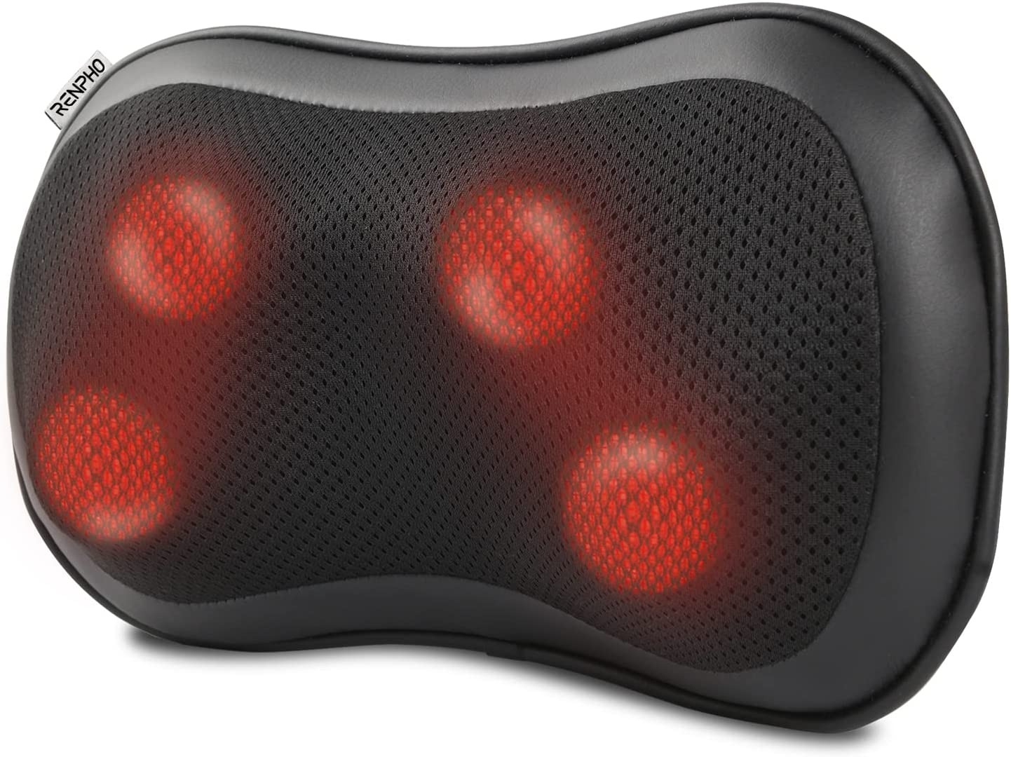 An image of a Renpho AU Massage Pillow encased in a dark cover, with the text "Skin-Friendly With Washable Pillowcase" in bold at the top. Below the heading, smaller text reads "Enhance comfort by providing a gentler surface." The image showcases the pillow partially covered by the pillowcase featuring adjustable speed levels and Shiatsu nodes.