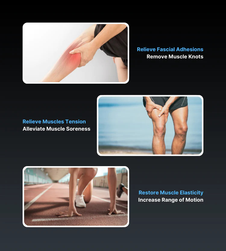Three images demonstrating muscle therapy and wellness: top image shows a hand using the RENPHO Active Massage Gun on a leg muscle, middle image displays calves, and bottom image features a person stretching on a track.