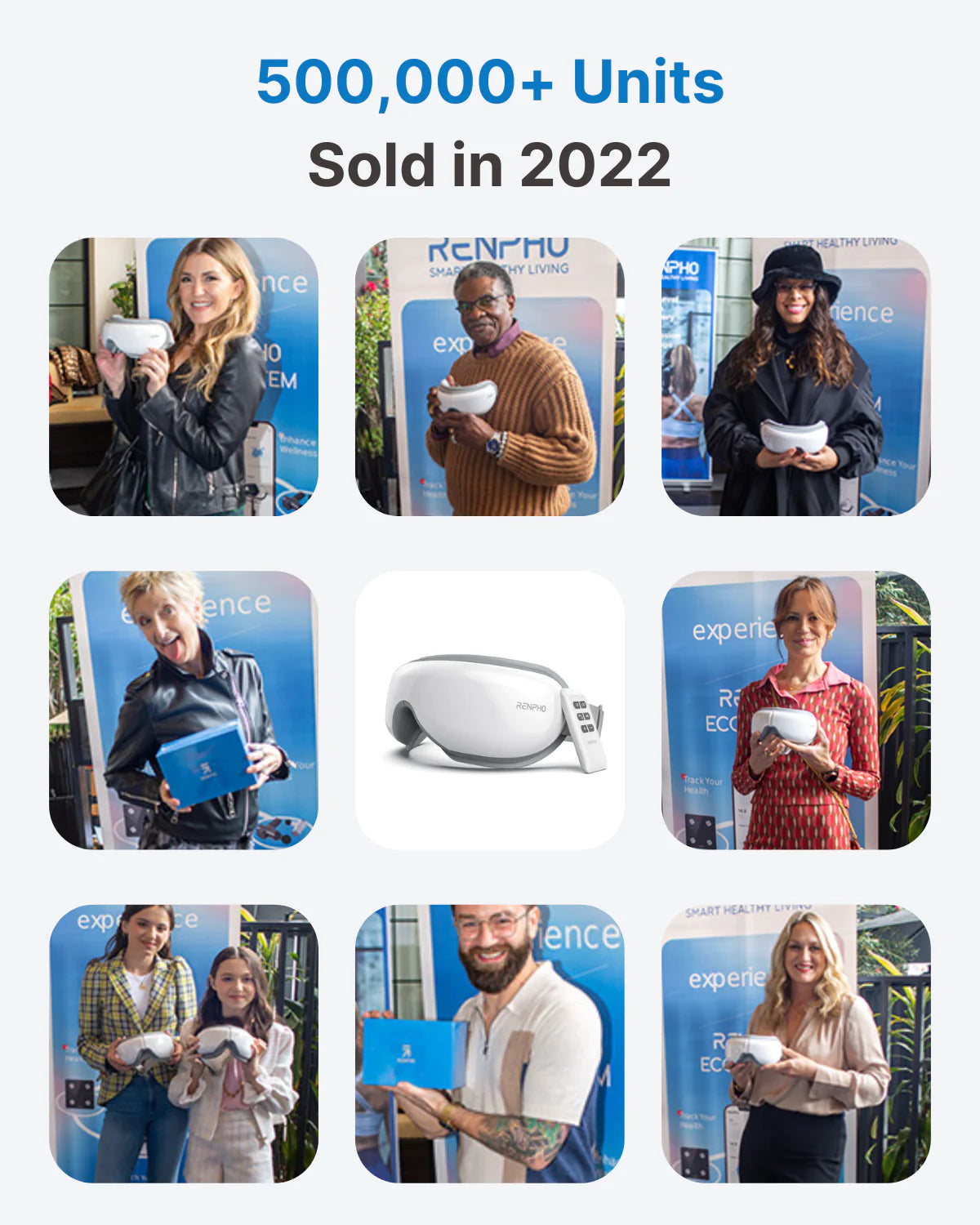Collage of nine people happily showcasing the Eyeris 1 Eye Massager, with text overhead reading "500,000+ units sold in 2022.