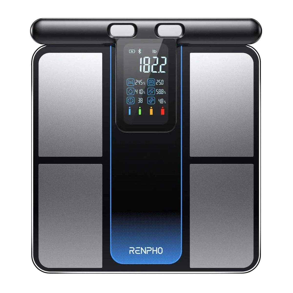A digital MorphoScan Smart Body Scale by Renpho AU shown from above. The scale features a black and silver design with a rectangular LED display in the center. The display shows a weight of 182.2 pounds along with various health metrics symbols, offering comprehensive body composition analysis to aid in your health and fitness journey.