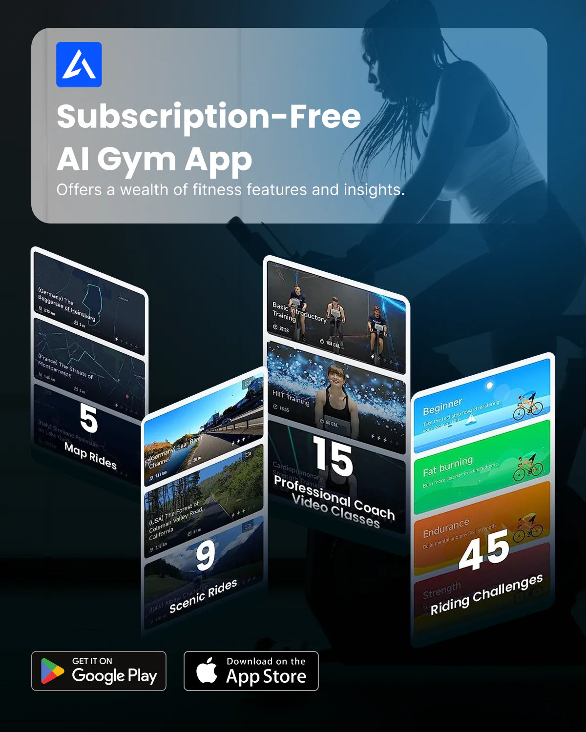 Check out the promotional image for the AI Smart Bike S by Renpho AU! This Subscription-Free AI Gym App offers diverse training programs and various fitness courses. Highlights include: 5 Map Rides, 9 Scenic Rides, 15 Professional Coach Video Classes, and 45 Fat Burning and Endurance Sessions. Available for download on Google Play and the App Store.