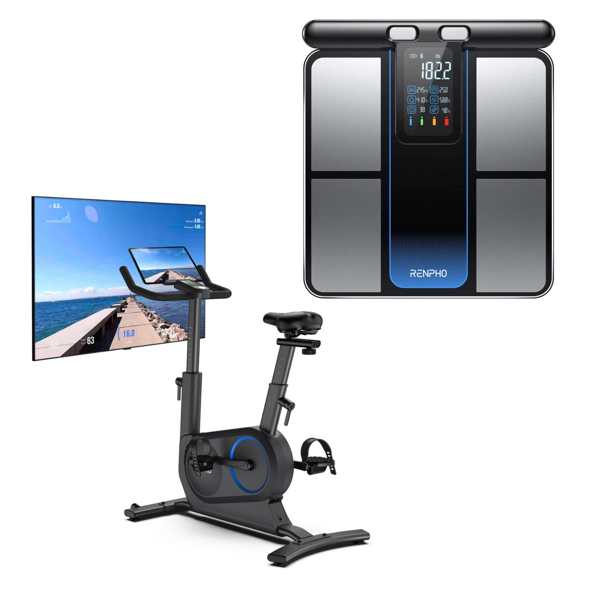 The image features a Renpho AU AI Smart Bike S situated in front of a TV screen that displays a coastal cycling route. Below the TV, there's a tablet positioned on a stand. Above the setup, an inset image showcases the Renpho AU MorphoScan Smart Body Scale with its sleek black and metallic blue finish, displaying measurement readings.