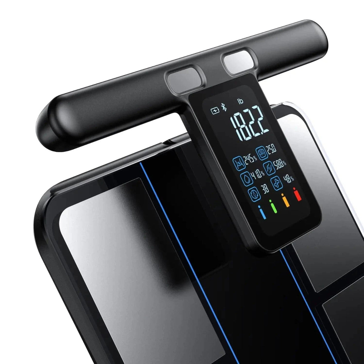 A close-up of the Renpho AU MorphoScan Smart Body Scale reveals a large rectangular screen showing a measurement of 182.2 lbs. This scale, tailored for health and fitness enthusiasts, boasts a sleek black surface with blue accents. Beneath the weight reading, multiple icons display various body metrics for comprehensive analysis.