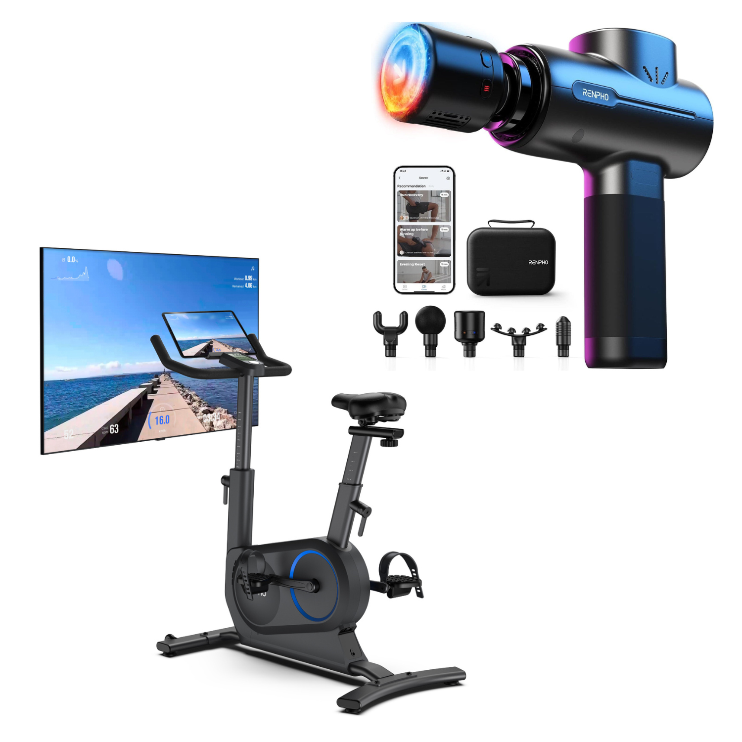 A stationary exercise bike, the AI Smart Bike S from Renpho AU, is set against a white background with its digital screen displaying a coastal path. Nearby, the Active Massage Gun Thermacool with four attachments and a carrying case is shown alongside two smartphones displaying workout application screens.