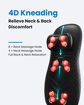 An image of a black Renpho AU Shiatsu Neck & Back Seat Massage Chair with eight red, glowing nodes for deep shiatsu back massage and four red, glowing nodes for neck massage. Blue arrows indicate the motion of the nodes. Text: "4D Kneading," "Relieve Neck & Back Discomfort," "Soothing Heat Therapy," "Full Back & Neck Relaxation.