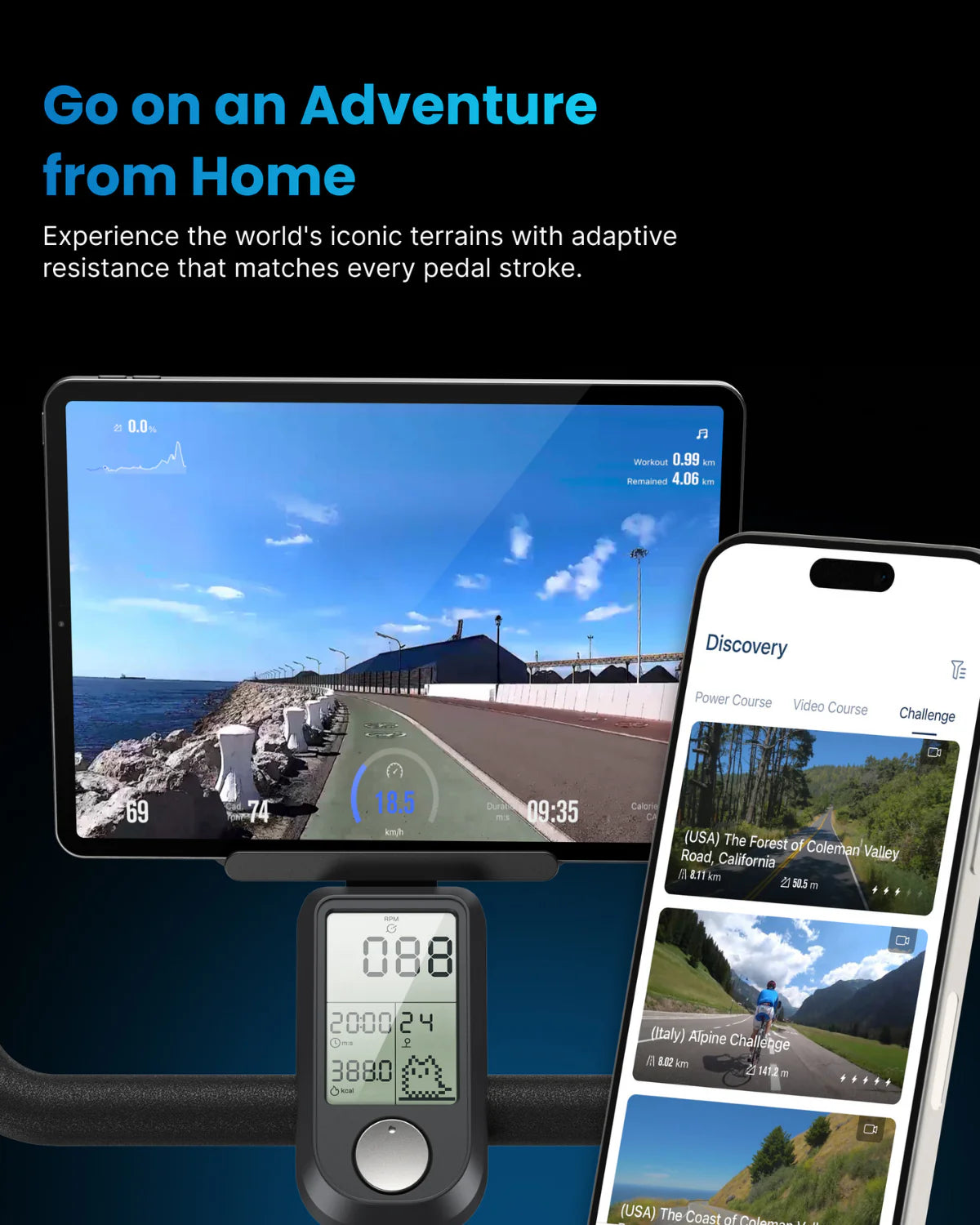 Experience Adventure at Home with Renpho AU's AI Smart Bike S! Our immersive cycling app showcases a stunning coastal route on your tablet, a course selection screen on your smartphone, and detailed distance, time, and speed metrics on your bike display. Diverse training programs await you!