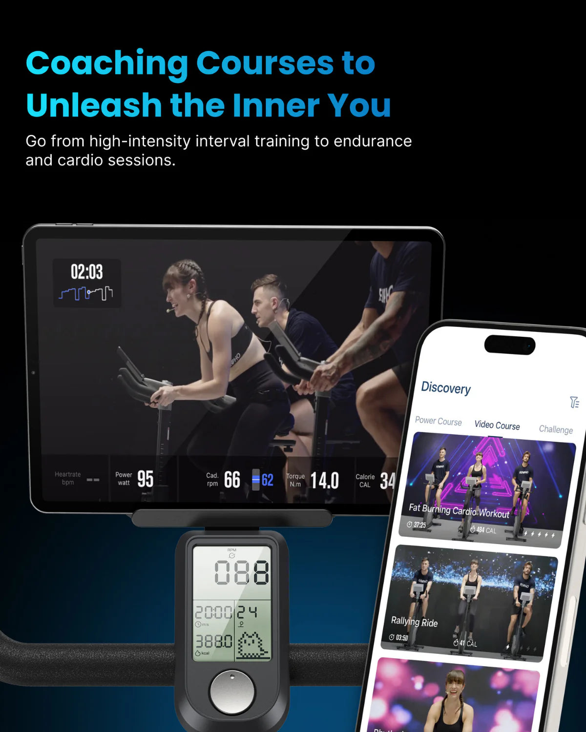 A promotional image for Renpho AU's AI Smart Bike S showcases a digital screen with individuals on exercise bikes, a smartphone displaying diverse training programs, and a close-up of a cycling computer displaying metrics. The text reads: "Coaching Courses to Unleash the Inner You. Go from high-intensity interval training to endurance and cardio sessions.