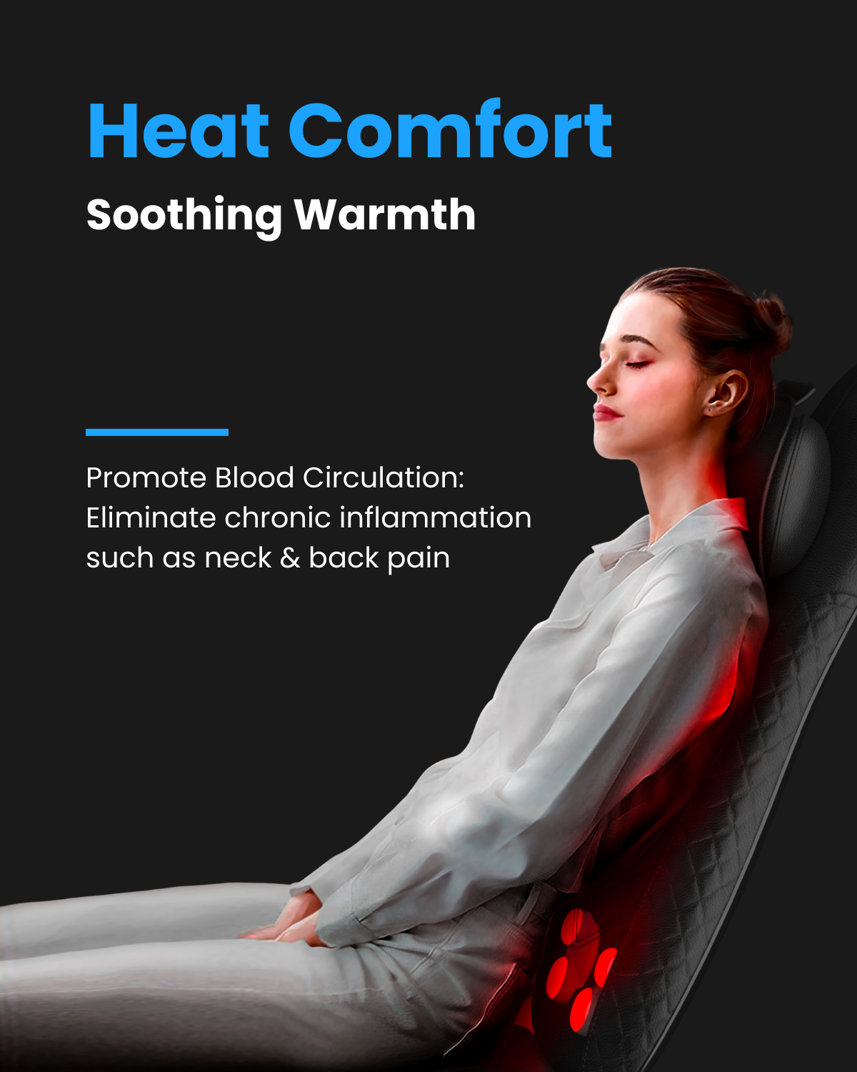 A woman in white attire reclines in a Renpho AU Shiatsu Neck & Back Seat Massage Chair, showcasing its Shiatsu massage capabilities and red light for heat therapy around her neck and back. The image includes the text: "Heat Comfort - Soothing Warmth," and "Promote Blood Circulation: Eliminate chronic inflammation such as neck & back pain.