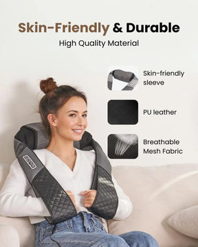 Woman smiling, wearing a U-Neck 2 Neck & Shoulders Massager for health and wellness, with insets showing its skin-friendly sleeve and breathable materials.