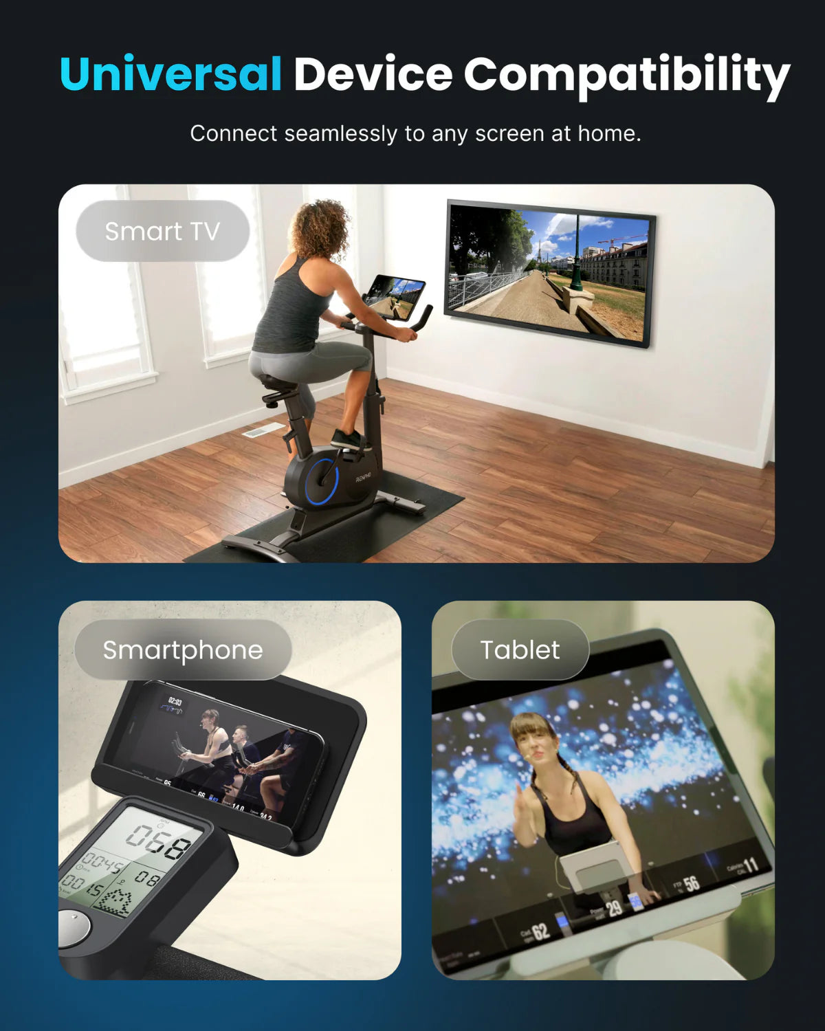 A marketing image titled "Universal Device Compatibility" showcases a woman on an AI Smart Bike S by Renpho AU, connected to a large TV screen displaying immersive fitness experience content. Below are two images: one of a smartphone and the other of a tablet, both showing personalized AI courses from the AI Smart Bike S. The device screens display fitness content.