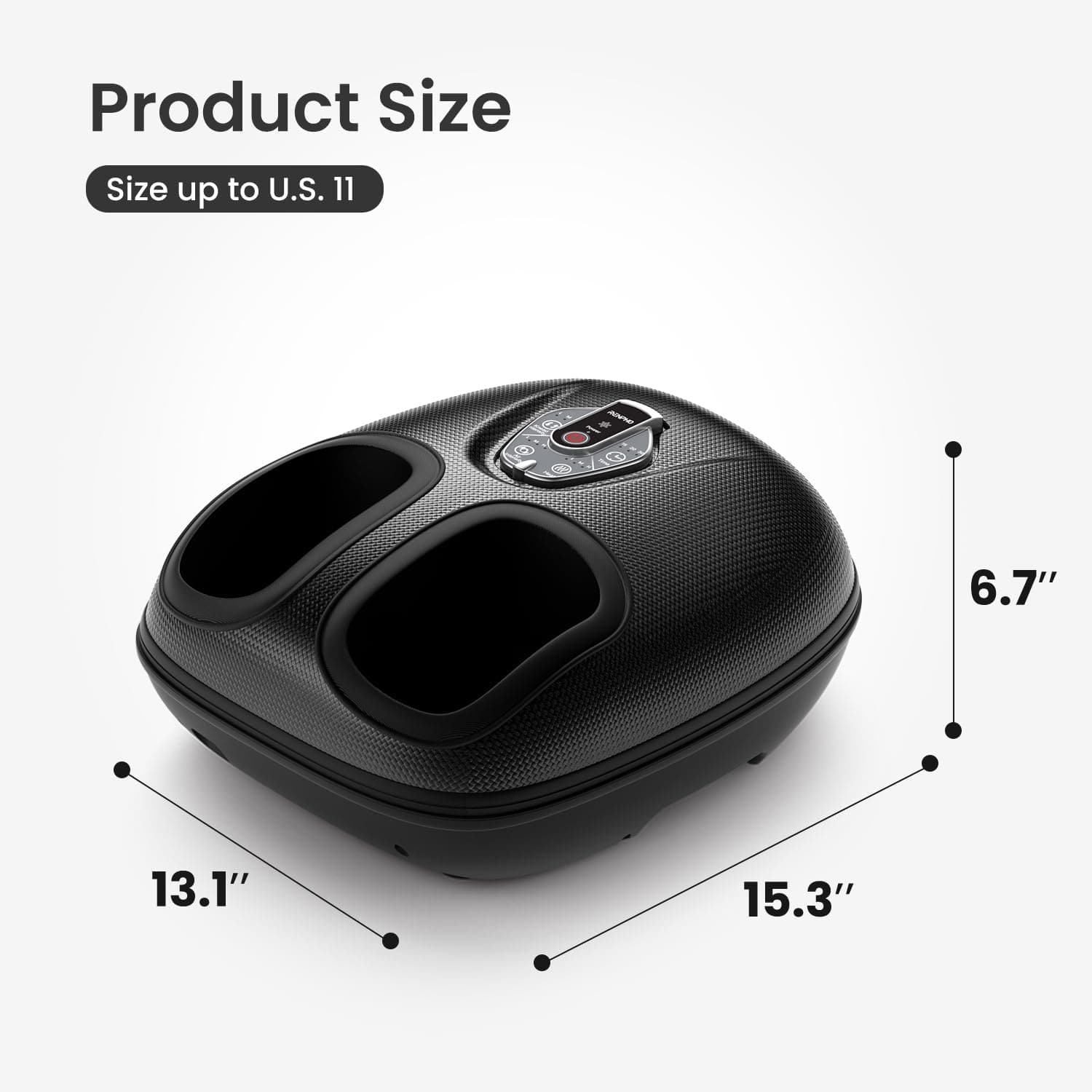 Image showing the Renpho AU Shiatsu Foot Massager Compact in black, featuring a textured surface with two foot slots. It includes a control panel with a digital display and buttons. The dimensions are 13.1 inches wide, 15.3 inches deep, and 6.7 inches high. Suitable for foot sizes up to U.S. size 11, it offers deep kneading and air compression functionalities.