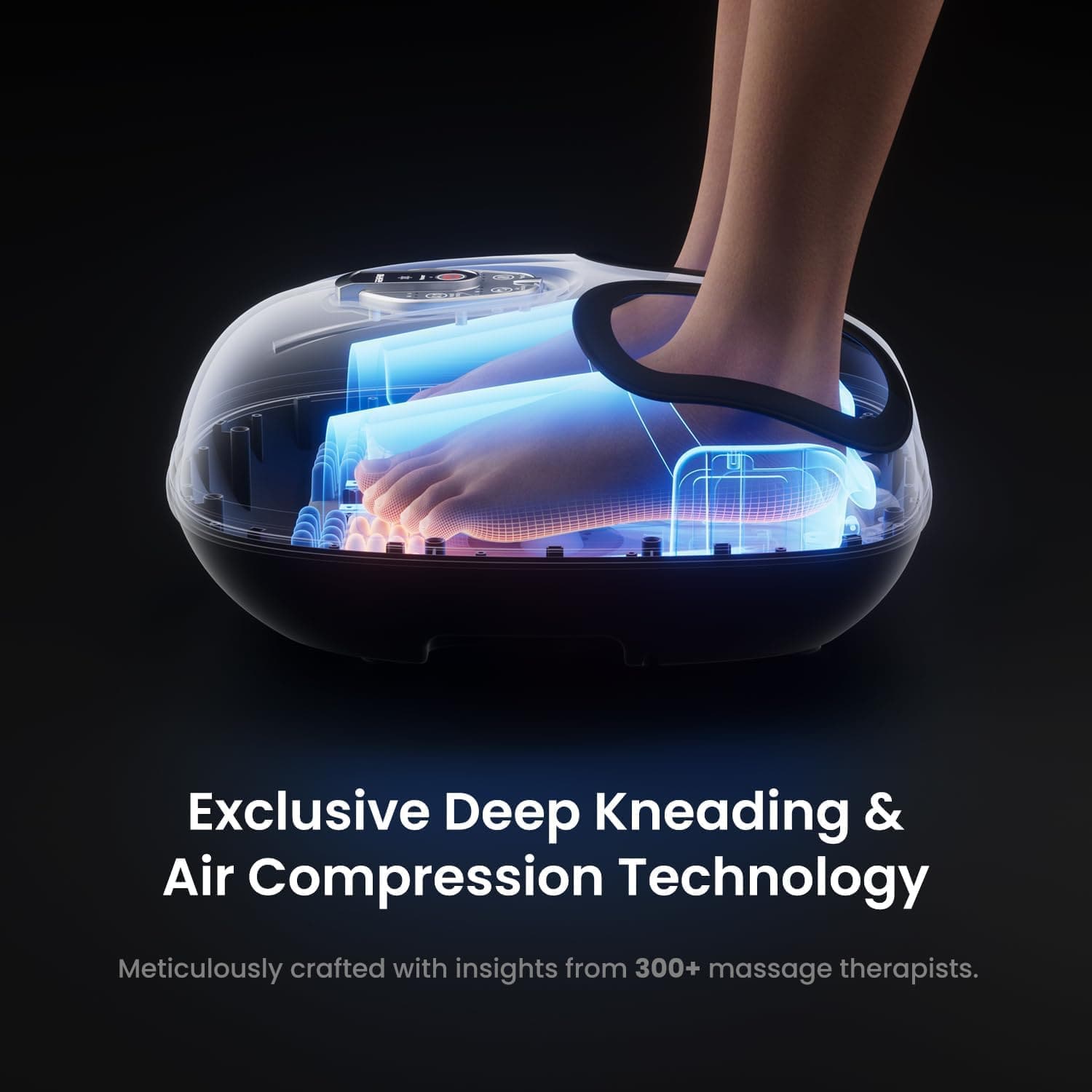 A close-up image showcases a person's feet inside the sleek, transparent Renpho AU Shiatsu Foot Massager Compact, revealing the internal mechanism with glowing blue highlights beneath the feet. Text below reads, "Exclusive Deep Kneading & Air Compression Technology," meticulously crafted using insights from over 300 massage therapists.