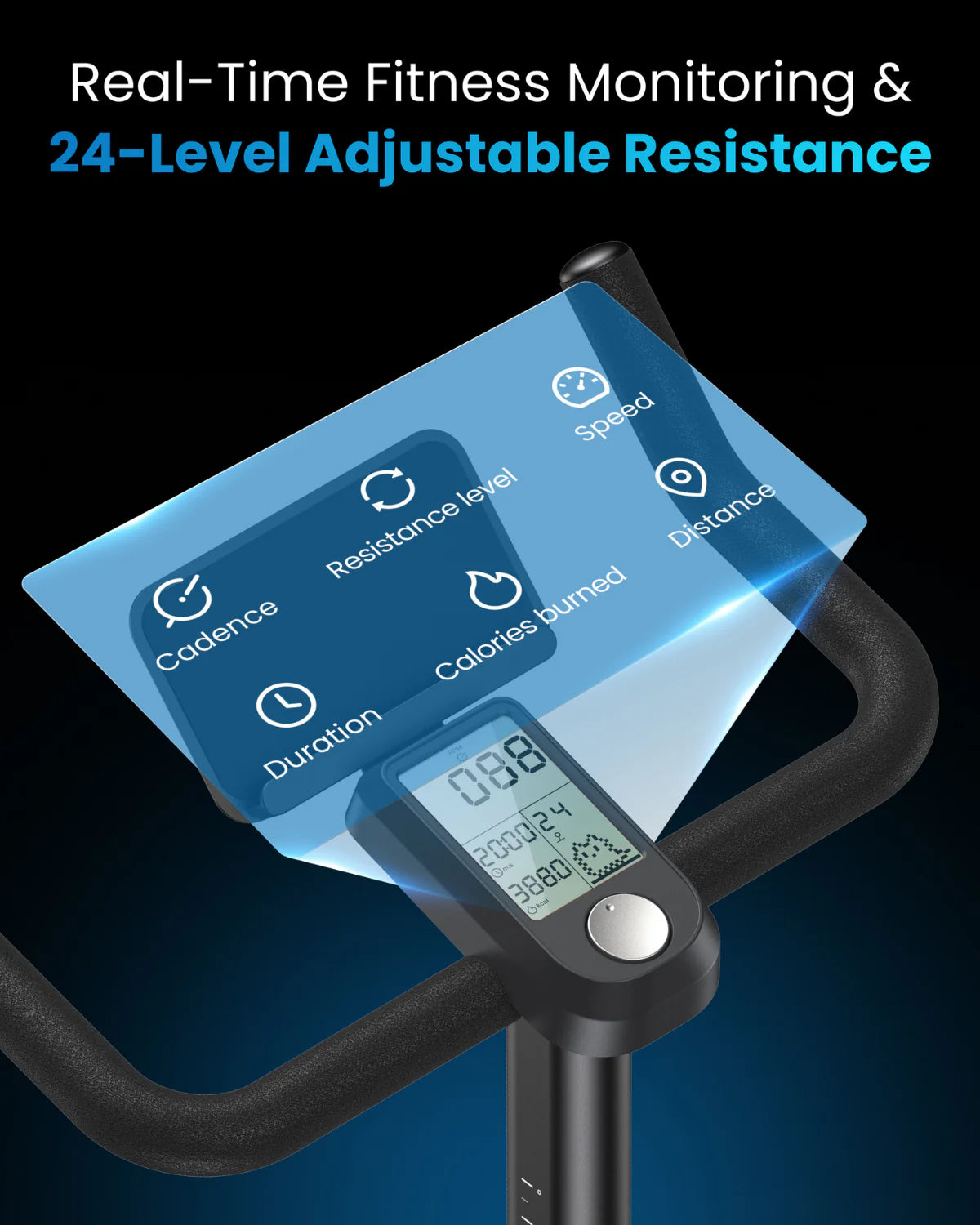 The AI Smart Bike S by Renpho AU features a digital display that shows real-time fitness metrics, including cadence, resistance level, speed, duration, calories burned, and distance. This display highlights the bike's 24-level adjustable resistance feature and offers a variety of training programs. The handlebars frame the screen against a sleek dark gradient background.