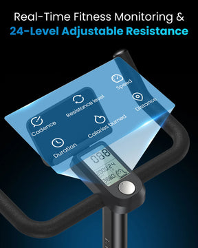 The AI Smart Bike S by Renpho AU features a digital display that shows real-time fitness metrics, including cadence, resistance level, speed, duration, calories burned, and distance. This display highlights the bike's 24-level adjustable resistance feature and offers a variety of training programs. The handlebars frame the screen against a sleek dark gradient background.