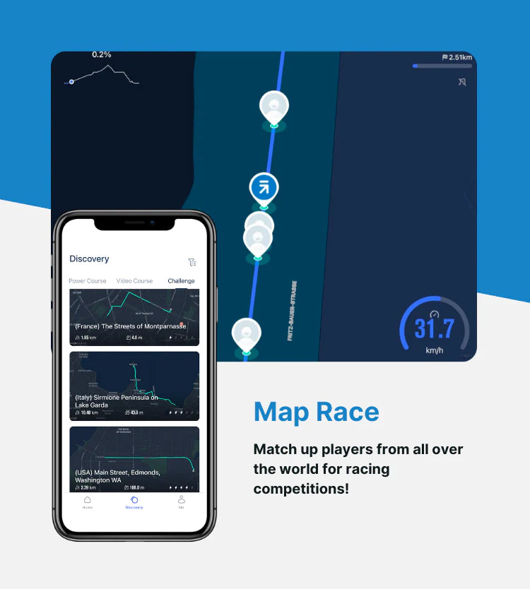 A AI Smart Bike displaying a map-based racing game interface, with text promoting global player matchups for fitness racing competitions.