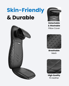 Image of the Renpho AU Shiatsu Neck & Back Seat Massage Chair in an ergonomic black design, featuring a detachable and washable pillow cover, a breathable mesh section, and high-quality PU leather. The text "Skin-Friendly & Durable" is prominently displayed at the top in blue and black font, emphasizing its deep Shiatsu massage functionality.