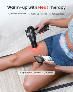 A person is using a RENPHO Active Massage Gun Thermacool from Renpho AU on their thigh while sitting on a mat. They are wearing blue shorts and a sports bra. The massage gun is connected to the RENPHO Health App, which controls its speed and offers courses, highlighting benefits like muscle wake-up and fatigue relief.