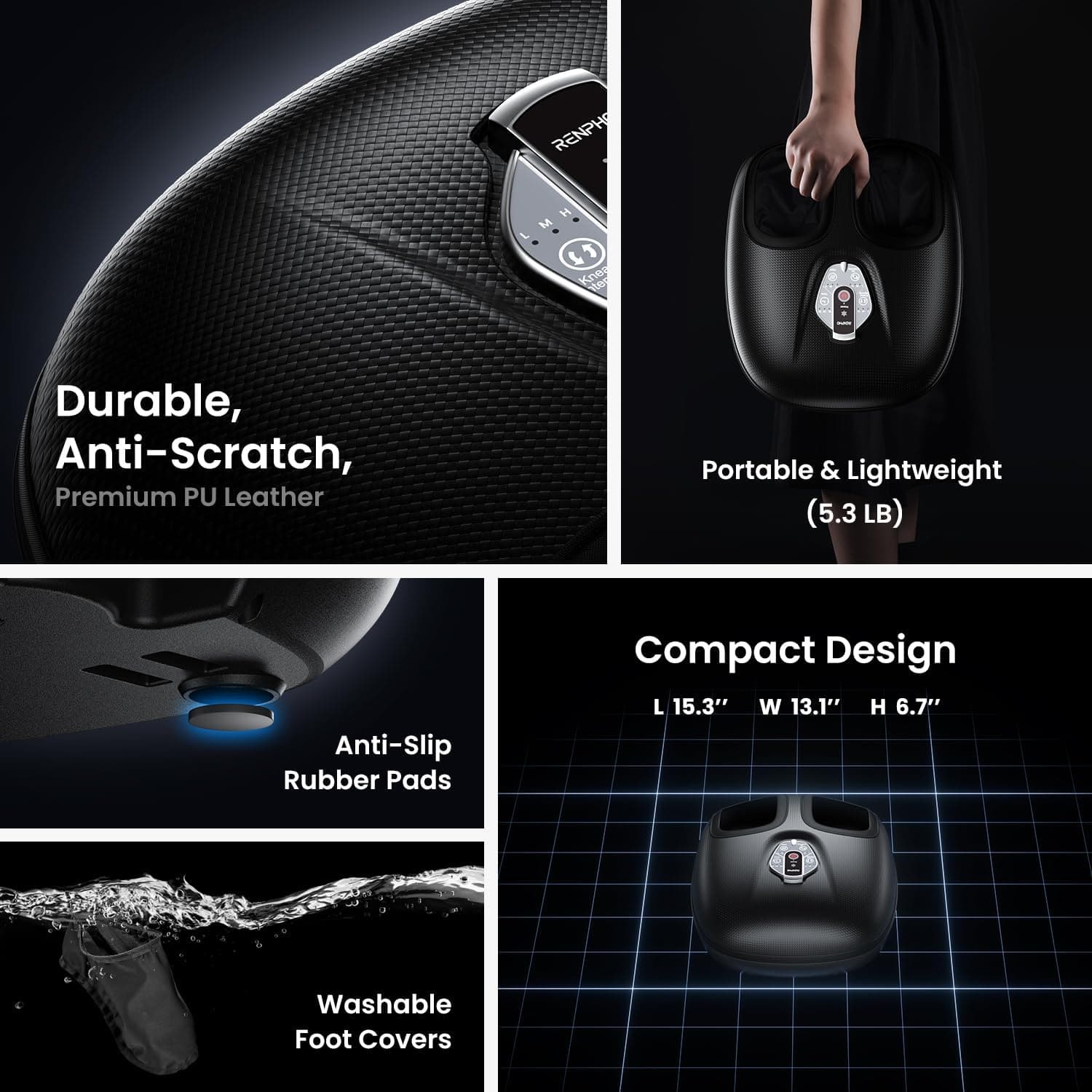 A collage image showcasing the Renpho AU Shiatsu Foot Massager Compact with deep kneading. Top left: close-up of the textured, durable PU leather surface with the text "Durable, Anti-Scratch, Premium PU Leather." Top right: a person holding the massager by a handle, described as "Portable & Lightweight (5.3 LB)." Bottom left: close-up of anti-slip rubber pads and washable foot inserts.