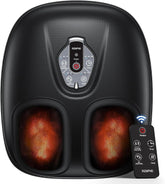 The image shows a Shiatsu Foot Massager Compact by Renpho AU in black, featuring deep kneading and air compression. The device has two foot slots with red glowing heat indicators on the bottom. The control panel is centrally located with buttons for power, intensity, and time settings. A separate remote control lies beside it.