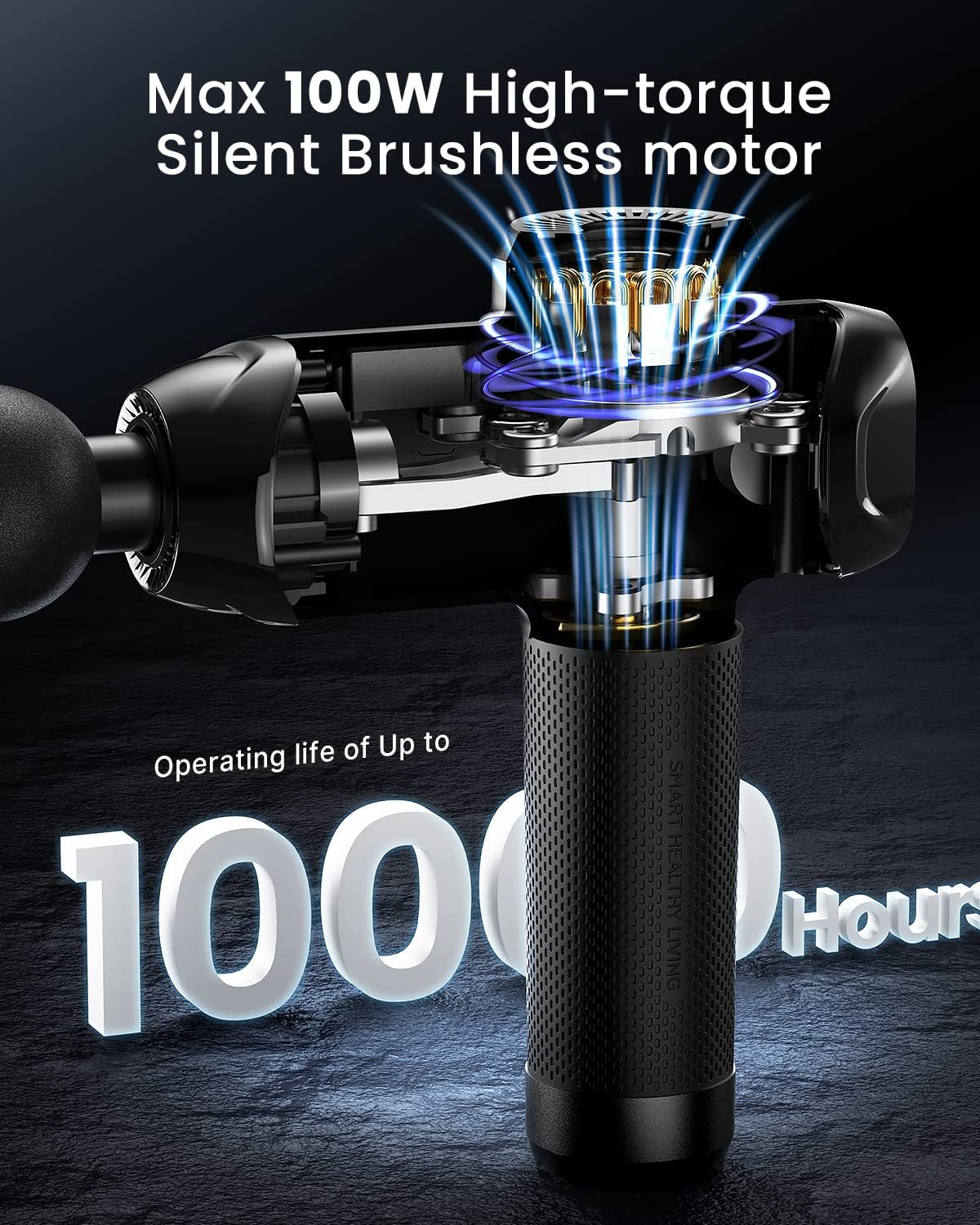Illustration of a Power Massage Gun, a high-torque, silent, brushless motor with a digital display indicating a 1000-hour operating life, emphasized in a sleek, modern design for fitness massagers.