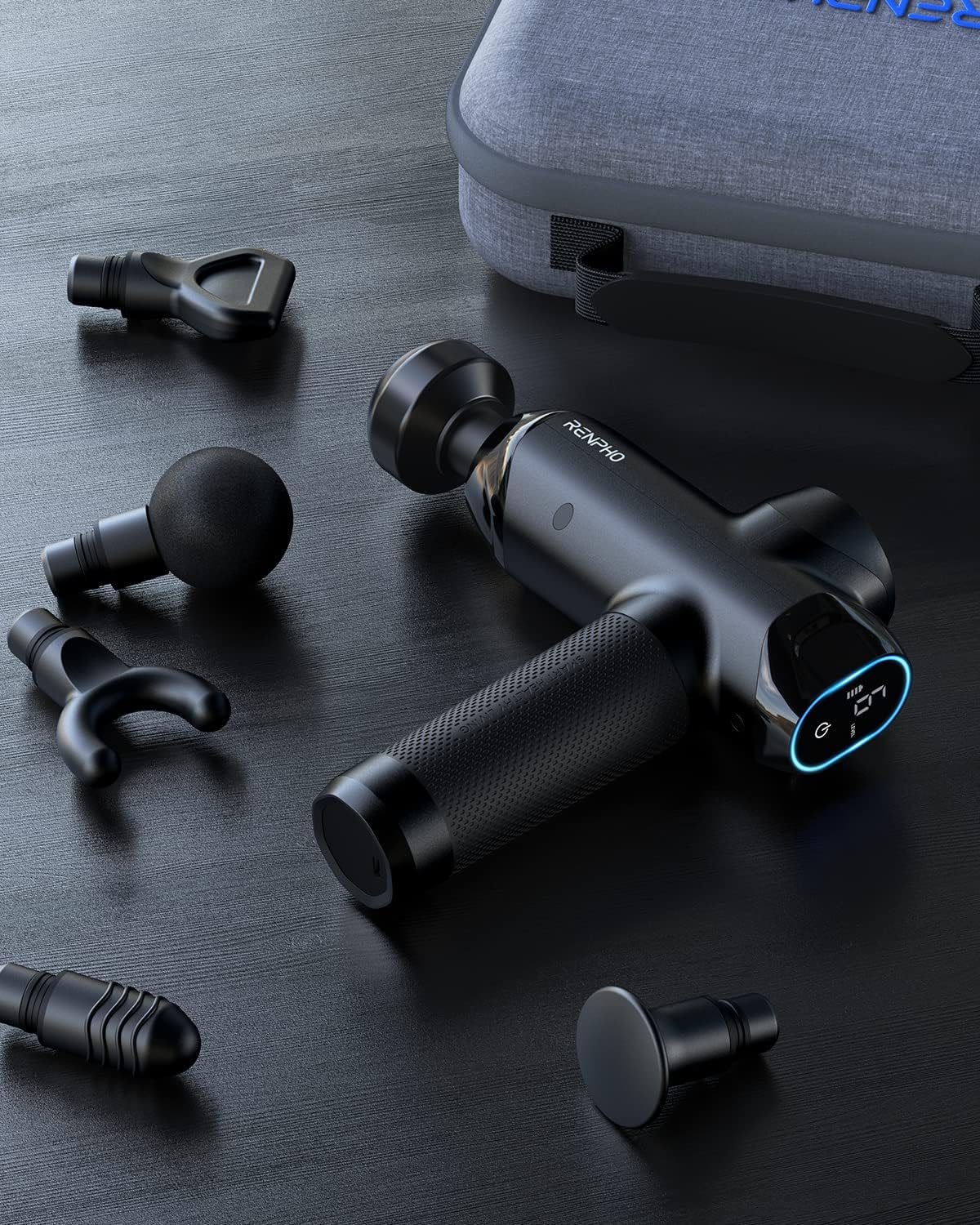 A black Power Massage Gun with various attachments and a carrying case on a dark textured surface, ideal for health and fitness.
